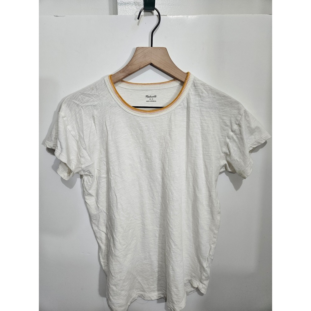 Madewell Womens White Cotton Slub Ringer Tee Mustard Striped Neck S‎